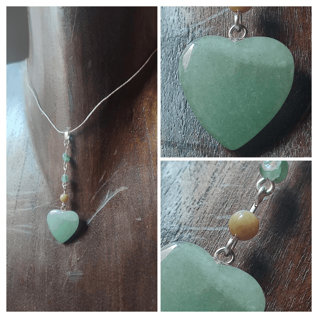 Collier pendentif coeur en aventurine verte ( pierre naturelle) monté sur fil de lin réglable avec chaîne d&#039;extension en acier inoxydable argenté 