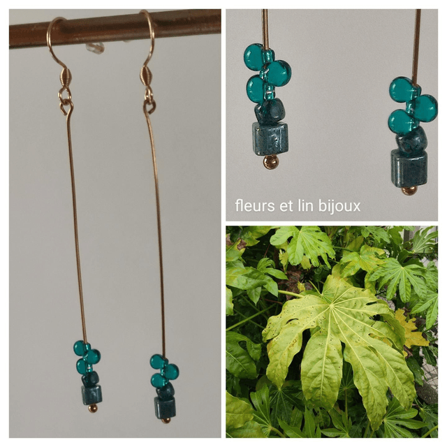 Z-Boucles d&#039;oreilles longues en verre bleu/ vert ( gouttes &amp; perles rondes et carrés) en acier inoxydable doré -sans nickel 