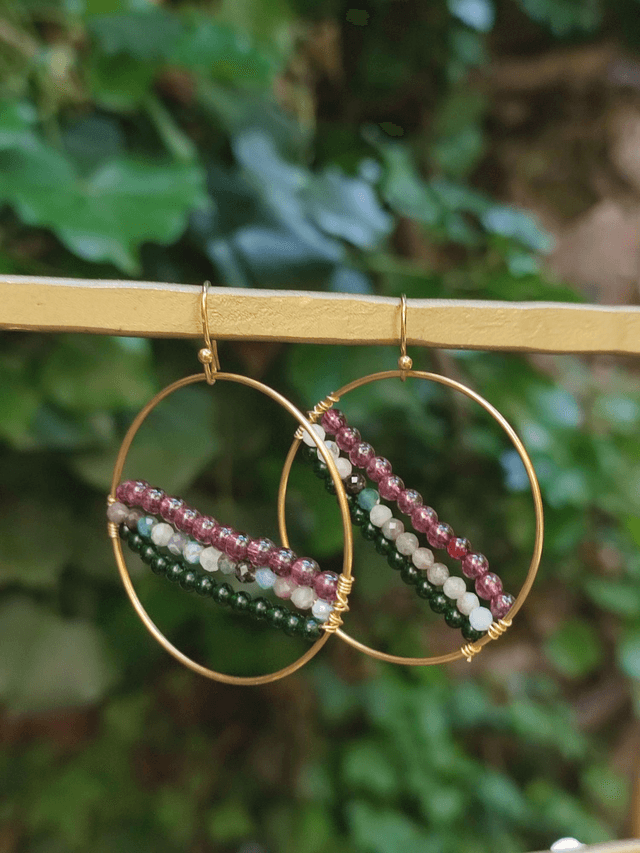 Boucles d&#039;oreilles cercle avec grenat amazonite, agate verte (pierre naturelle) acier inoxydable doré -sans nickel pièce unique 