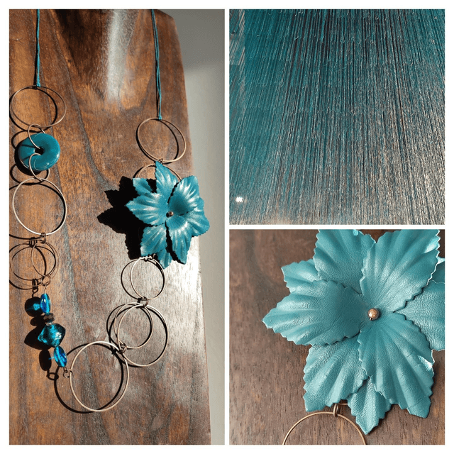 Sautoir fleur en cuir, céramique et verre bleu paon, bronze monté sur fil de lin réglable , pièce unique 