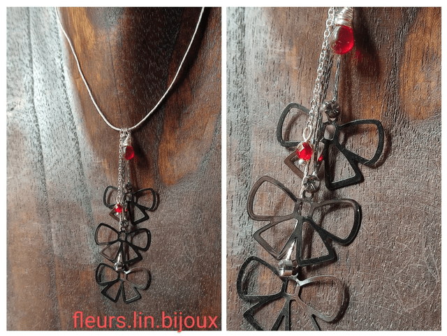 Collier trois fleurs et gouttes en verre rouge monté sur fil de lin, chaîne d&#039;extension 