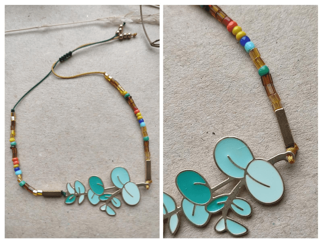 Z-Bracelet feuille verte en acier sur fil de jade avec perles en verre miyuki multicolores, réglable 
