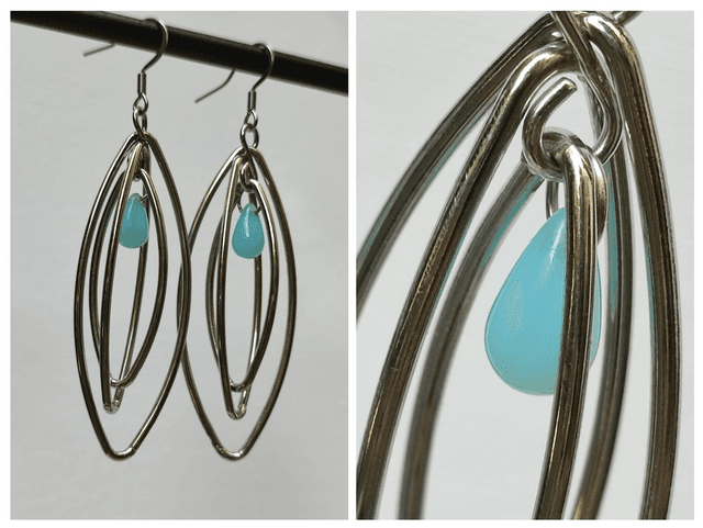 Boucles d&#039;oreilles&quot; 3 ovales&quot; goutte en verre turquoise acier inoxydable argent pièce unique sans nickel 