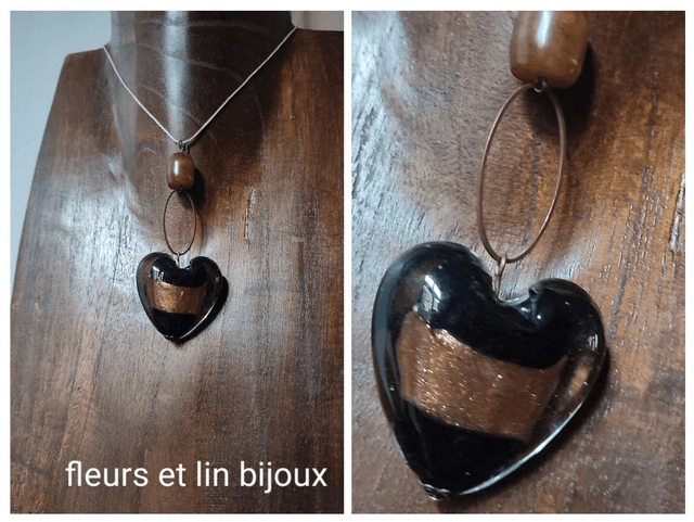 Z-Collier coeur en verre noir et cuivre,pierre en agate brune monté sur fil de lin avec chaîne d&#039;extension bronze, pièce unique 