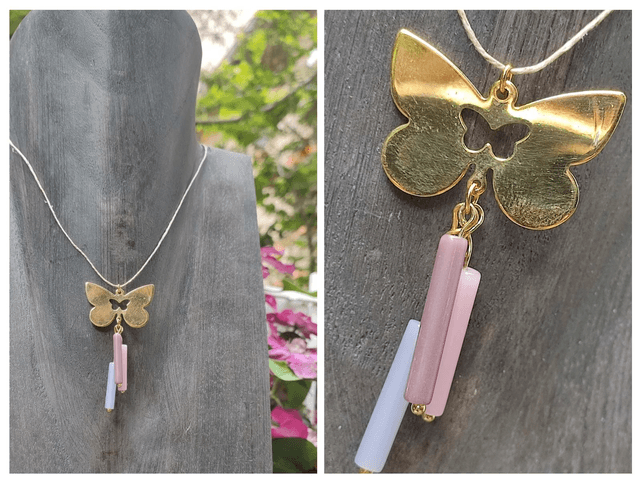 Z-Collier papillon doré et tube en verre dégradé de rose monté sur fil de lin avec chaîne d&#039;extension 