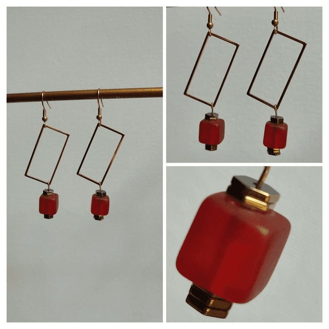 Z-Boucles d&#039;oreilles carré verre orange et rectangles acier inoxydable doré -sans nickel, pièce unique 