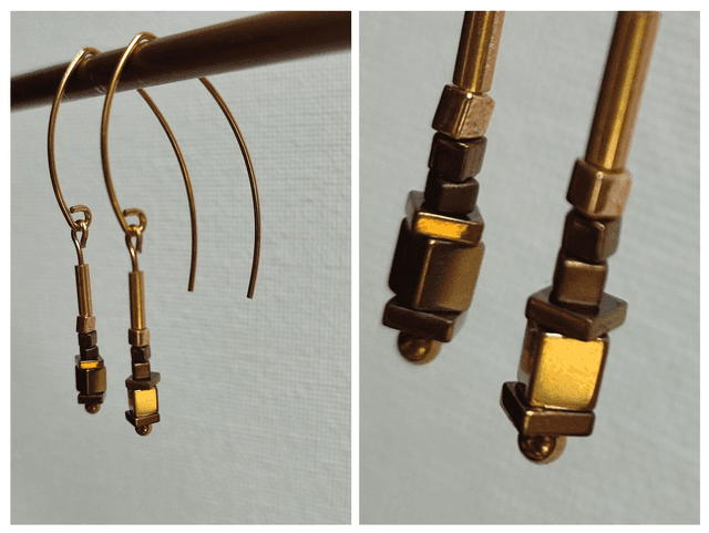 Boucles d&#039;oreilles longues or et bronze en hématite, acier inoxydable doré -sans nickel, pièce unique 