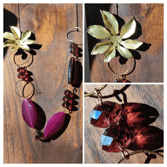Fleur dorée, agate &amp; verre violine monté sur fil de lin réglable, pièce unique 