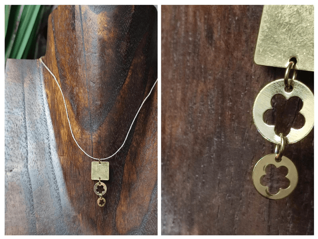 Z-Collier pendentif carré &amp; rond monté sur fil de lin réglable avec chaîne d&#039;extension dorée 