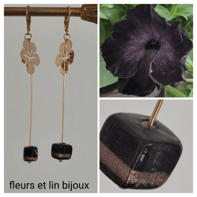 Z-Boucles d&#039;oreilles fleurs et céramique noire et or en acier inoxydable doré -sans nickel pièce unique 