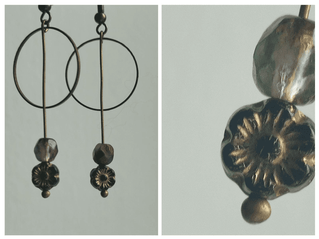 Fleurs en verre noir et or, laiton bronze, pièce unique, sans nickel 