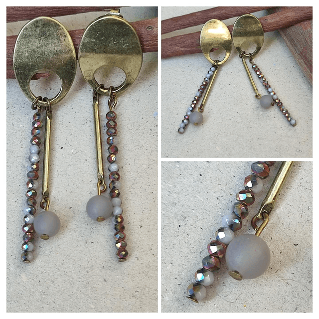Boucles d&#039;oreilles bronze, pierres naturelles &amp; verre,ton de gris et bruns, sans nickel pièce unique 