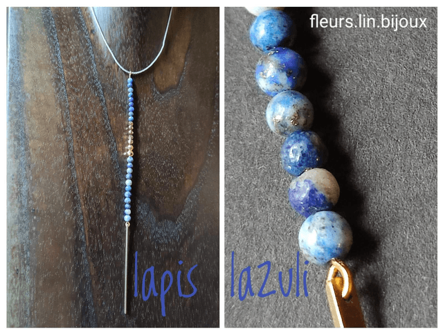 Collier ras du cou en lapis lazuli et pendentif en laiton monté sur fil de lin avec chaîne d&#039;extension 