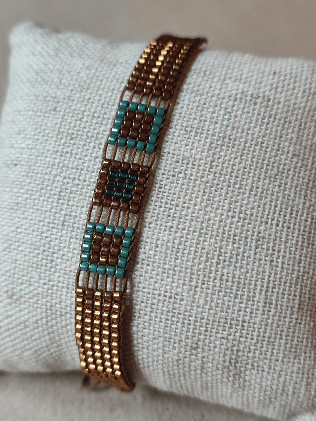 Z- Bracelet tissé main en perles de verre miyuki bleu et cuivre 