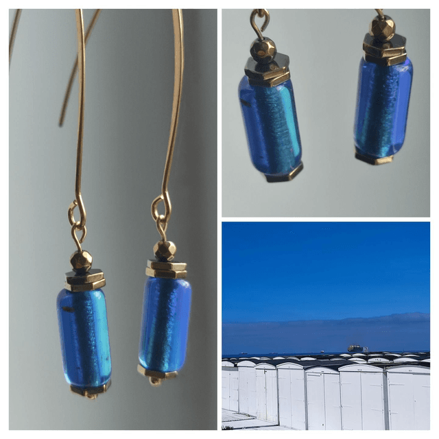 Z-Boucles d&#039;oreilles en verre bleu Klein et hématite doré en acier inoxydable doré -sans nickel, pièce unique 