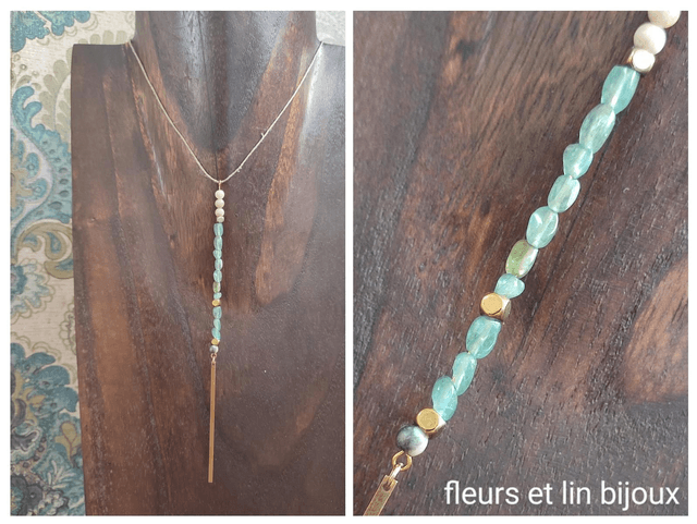 Collier en apatite (pierre naturelle) vert sauge &amp; hématite monté sur fil de lin avec chaîne d&#039;extension dorée 