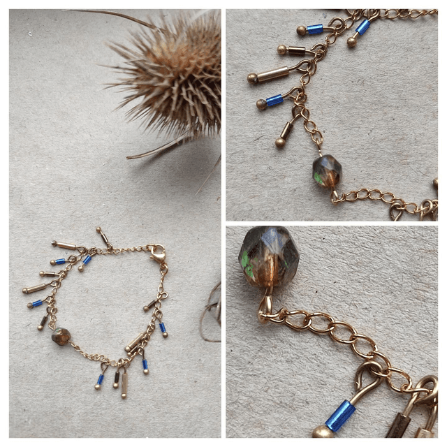 Bracelet verre et pampilles sur chaine, réglable, pièce unique 