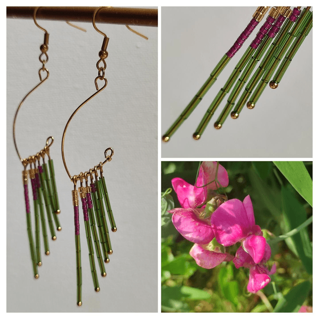 Boucles d&#039;oreilles en perles de verre miyuki fushia,vert et or, acier inoxydable doré -sans nickel pièce unique 