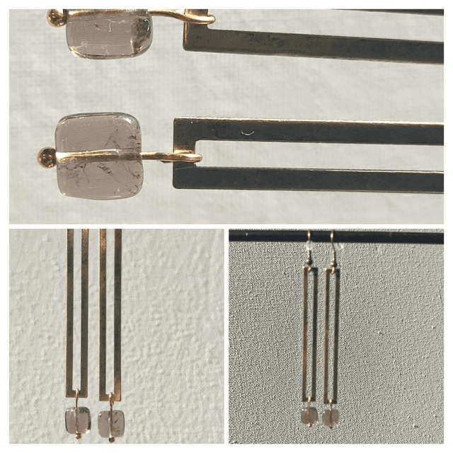 Boucles d&#039;oreilles rectangle bronze et perles carrées en verre fumé, sans nickel, pièce unique 