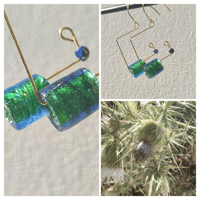 Boucles d&#039;oreilles carrées, verre bleu/vert, acier inoxydable doré -sans nickel, pièce unique 