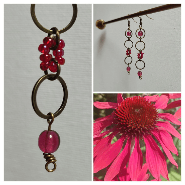 Boucles d&#039;oreilles longues verre rose fushia et anneaux bronze sans nickel, pièce unique 