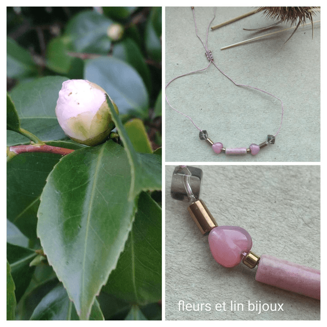 Z-Bracelet 2 coeurs 💓 en verre rose, rhodonite &amp; hématite doré ( pierres naturelles) monté sur fil de jade très résistant, réglable 