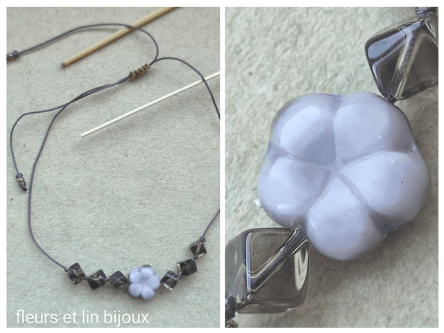 fleurs en verre violine et perle cube en verre fumé, monté sur fil de jade, très résistant et réglable 