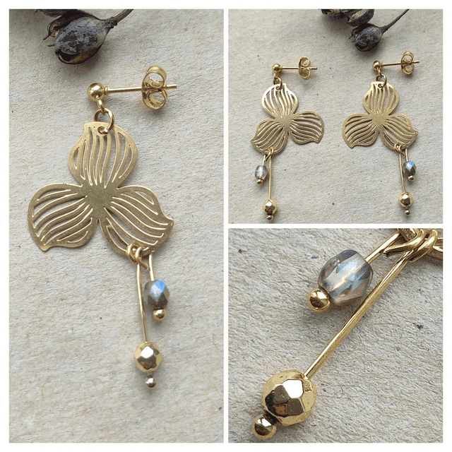 Boucles fleurs hématite doré et verre mordoré en acier inoxydable doré -sans nickel, pièce unique 