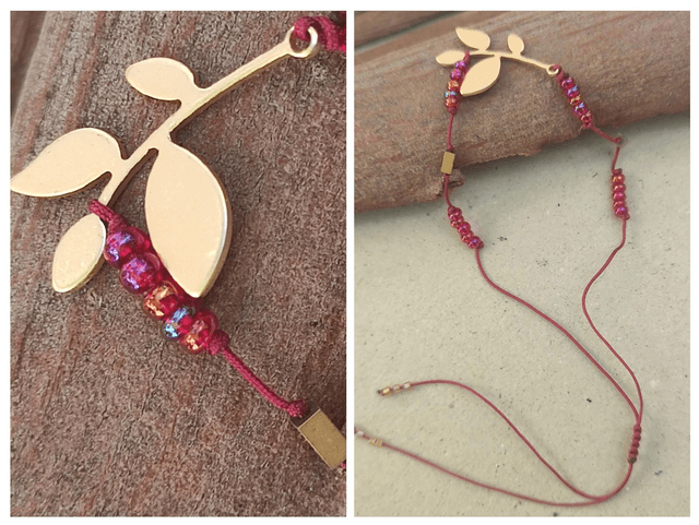 Bracelet feuille et verre rose fuchsia réglable 
