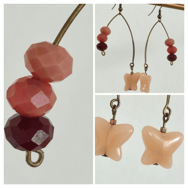 Boucles &quot;papillon&quot; en verre,tons de pêche,bordeaux, laiton bronze -sans nickel pièce, unique 