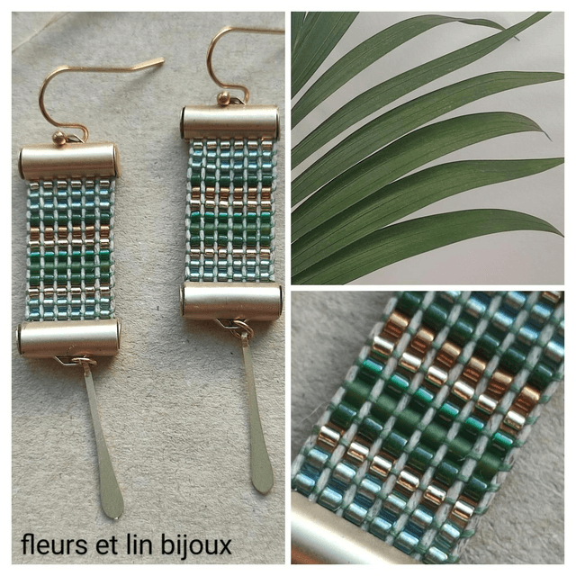 Z- Boucles d&#039;oreilles tissées main en perles de verre miyuki sur fil de lin, fermoirs en acier inoxydable doré -sans nickel, pièce unique 