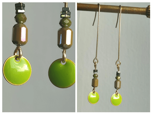Boucles d&#039;oreilles longues email vert pomme et verre, acier inoxydable doré -sans nickel, pièce unique 