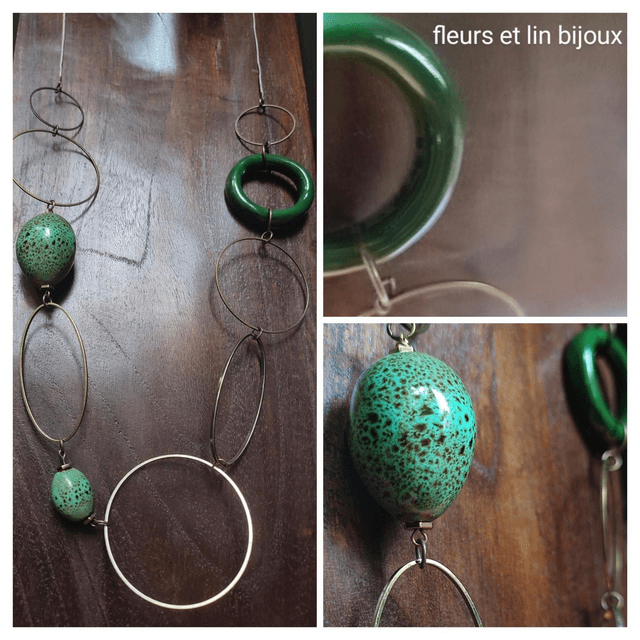 Z- Sautoir céramique et pierres naturelles kaki/turquoise, anneaux en bronze monté sur fil de lin réglable 