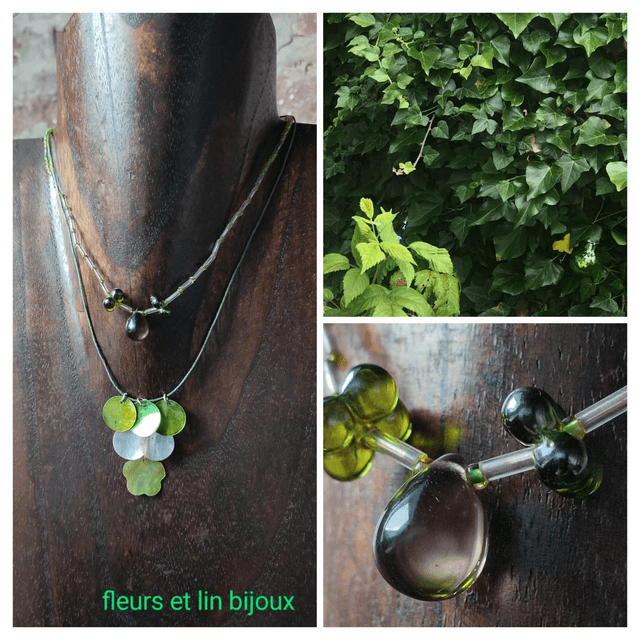 Collier nacre dégradé de vert et goutte en verre monté sur fil de lin avec chaîne d&#039;extension 