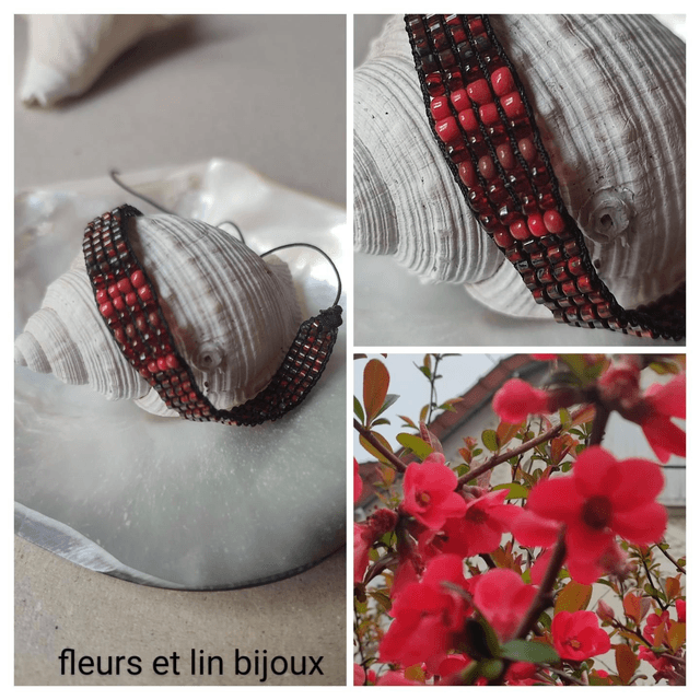 Bracelet tissé main rouge et noir en perles de verre miyuki réglable sur fil de jade résistant 